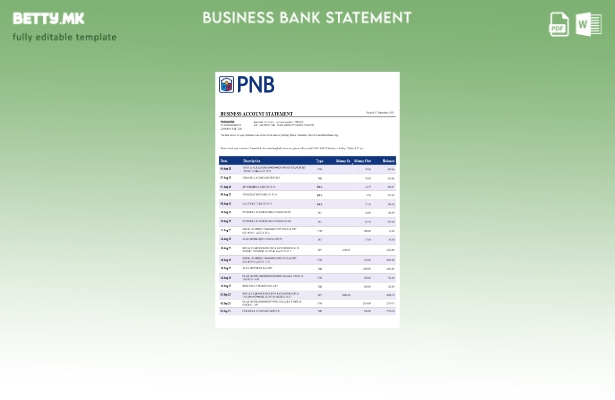 Модерен стил PNB извод на банкарска деловна сметка Шаблон Word и PDF